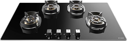 Faber 4 Brass Burner Hob Cooktop Hybrids in Built Auto Electric Ignition (Nexus HT904 CRS BR CI) Black, Glass, Mild Steel