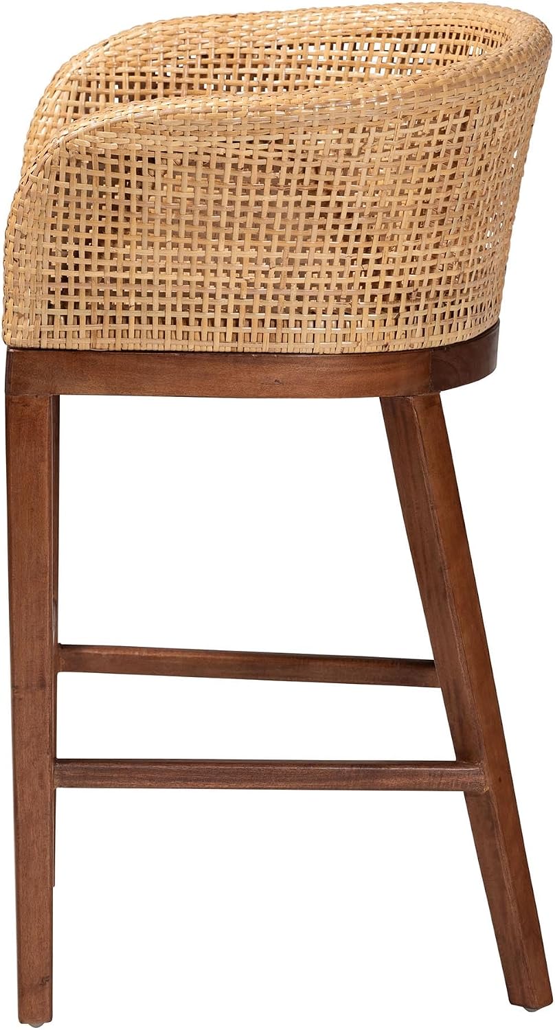 Bali & pari Papua Modern Bohemian Natural Rattan and Brown Acacia Wood Counter Stool