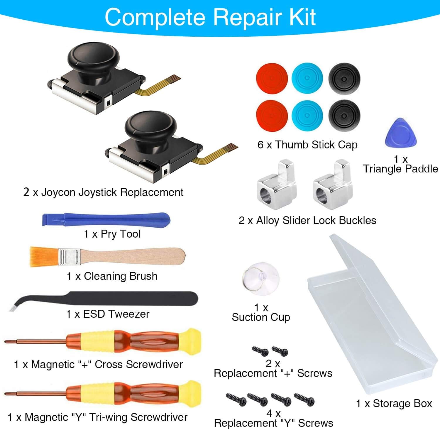 (2 Pack) Joystick Replacement for Joycon, Switch Analog Stick Parts for Nintendo Switch Joy Con Controller Thumbstick, Include Full Repair Tool Kit and 2 Metal Lock Buckles, 2 Jon Con Replacement