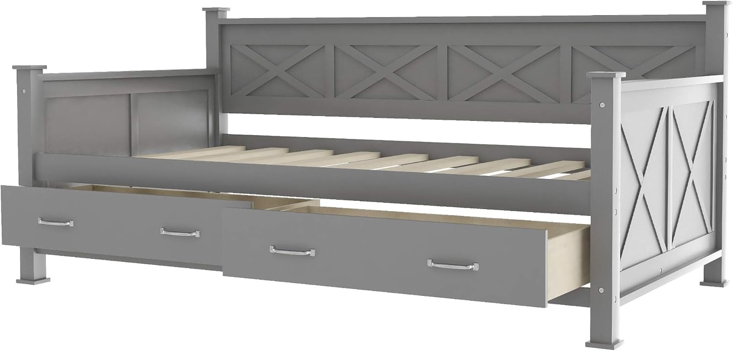 Twin Size Wood Daybed with Two Large Drawers,X-Shaped Daybed Frame with Backrest and Armrests,Corner Sofa Bed Frame for Living Room Bedroom Guest Room,Wood Slat Support,No Box Spring Needed,Grey