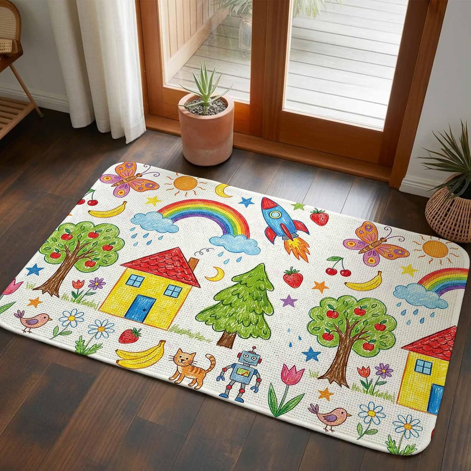 Entryway Rug Indoor, Children's Day Absorbent Non Slip Washable Rug, Cartoon Painting Rainbow Rocket Butterfly Low Profile Front Door Carpet Runner for Front Door, Garage, Patio, 31.5x47 in
