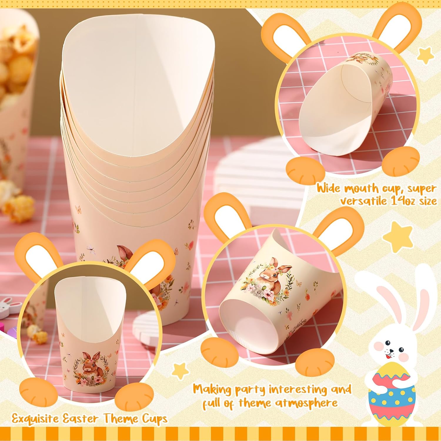 Jingmore 250 Pcs Easter Bunny Charcuterie Snack Cups with Sticks Include 50 Pcs 14 oz Easter Party Paper Appetizer Cups 200 Pcs Bunny Egg Carrot Cocktail Pick for Fruit(Rabbit)