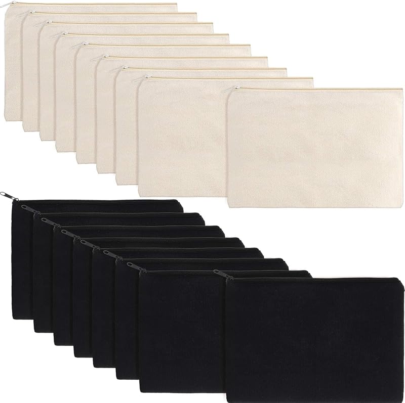 Necessaires de lona com zíper meekoo, bege e preta, tamanho M, pacote com 16