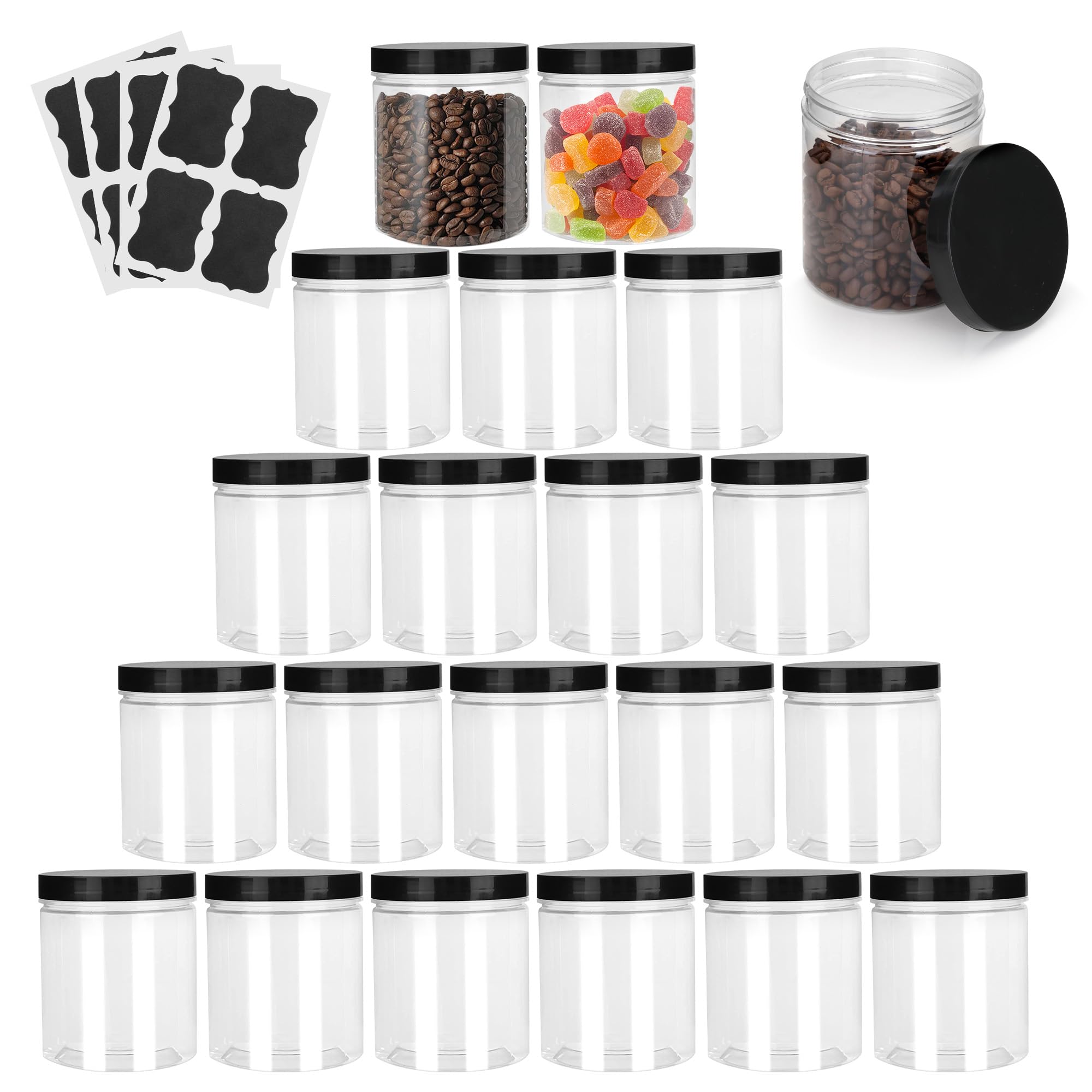 20 barattoli in plastica con coperchio, 500 ml, trasparenti, rotondi, vuoti, ricaricabili, a prova di perdite, con etichette, per spezie, cibo, artigianato, liquidi, cereali
