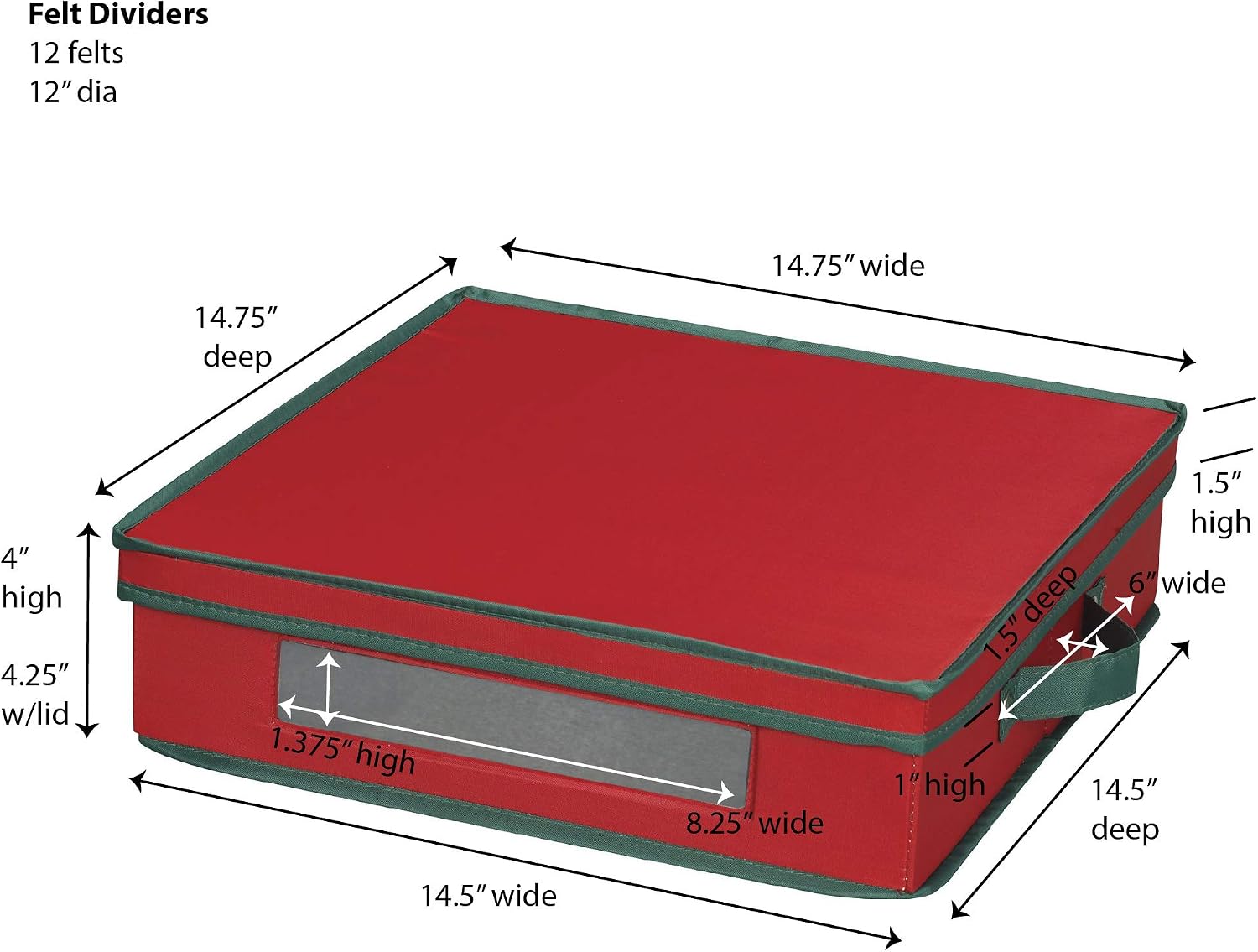 Household Essentials Holiday Charger Plate Storage Box, Holds 12 Plates with Felt Protectors and a Windowed Panel, Red and Green Trim