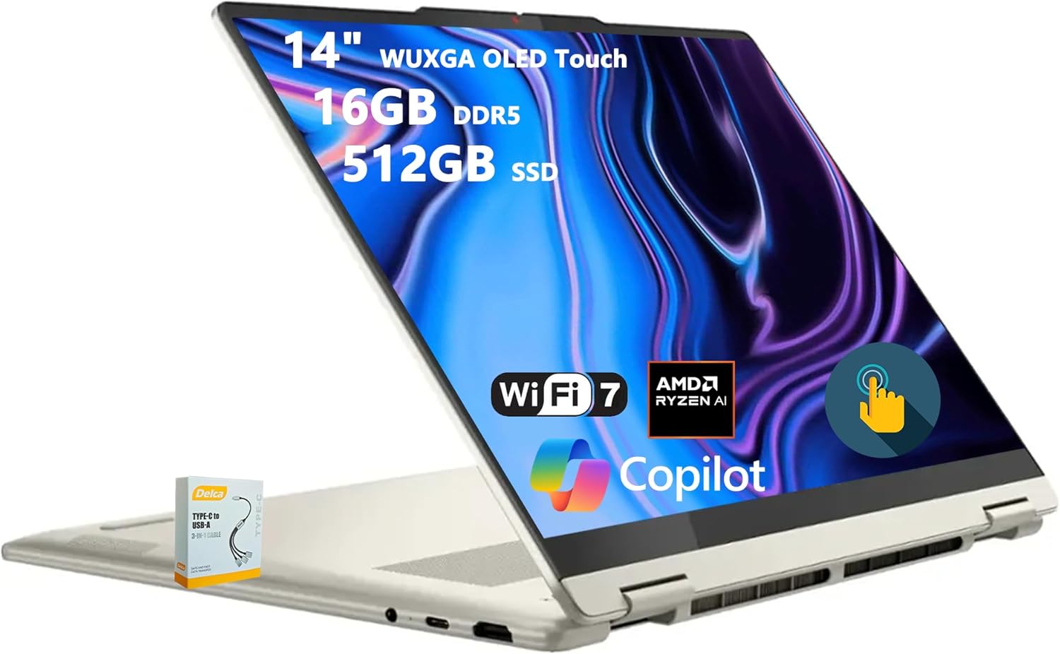 Lenovo Yoga 7 2-in-1 AI PC Laptop | 14" WUXGA OLED Touch (100% DCI-P3) | AMD Ryzen AI 5 340 (Up to 50 Tops) | 16GB DDR5 512GB SSD | for Creator Business Professional Win11 w/DLCA Accessory