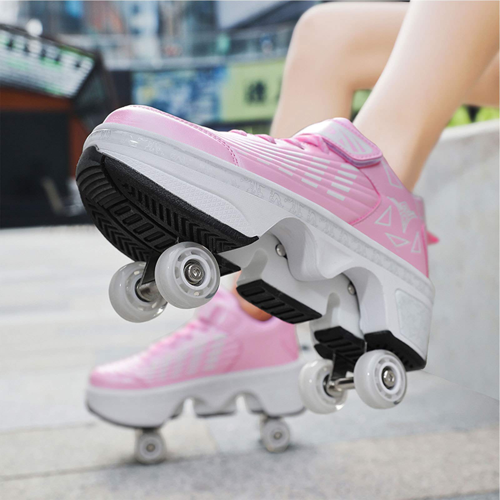 Rolschaatsen Voor Kinderen - Sportschoenen Voor Meisjes,2-in-1 Multifunctionele Schoenen met 4 Wielen met Vervormingsschoenen Voor Rolschaatsen,Pink-40