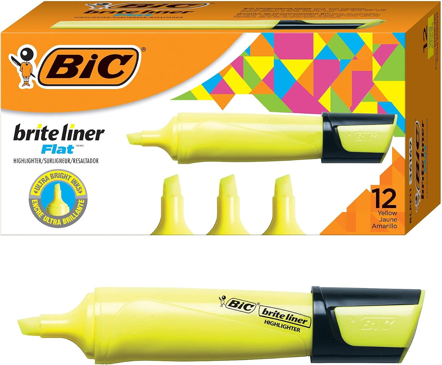 BIC Brite Liner Flat Highlighter, Chisel Tip For Broad Highlighting & Fine Underlining,Yellow, 12-Count