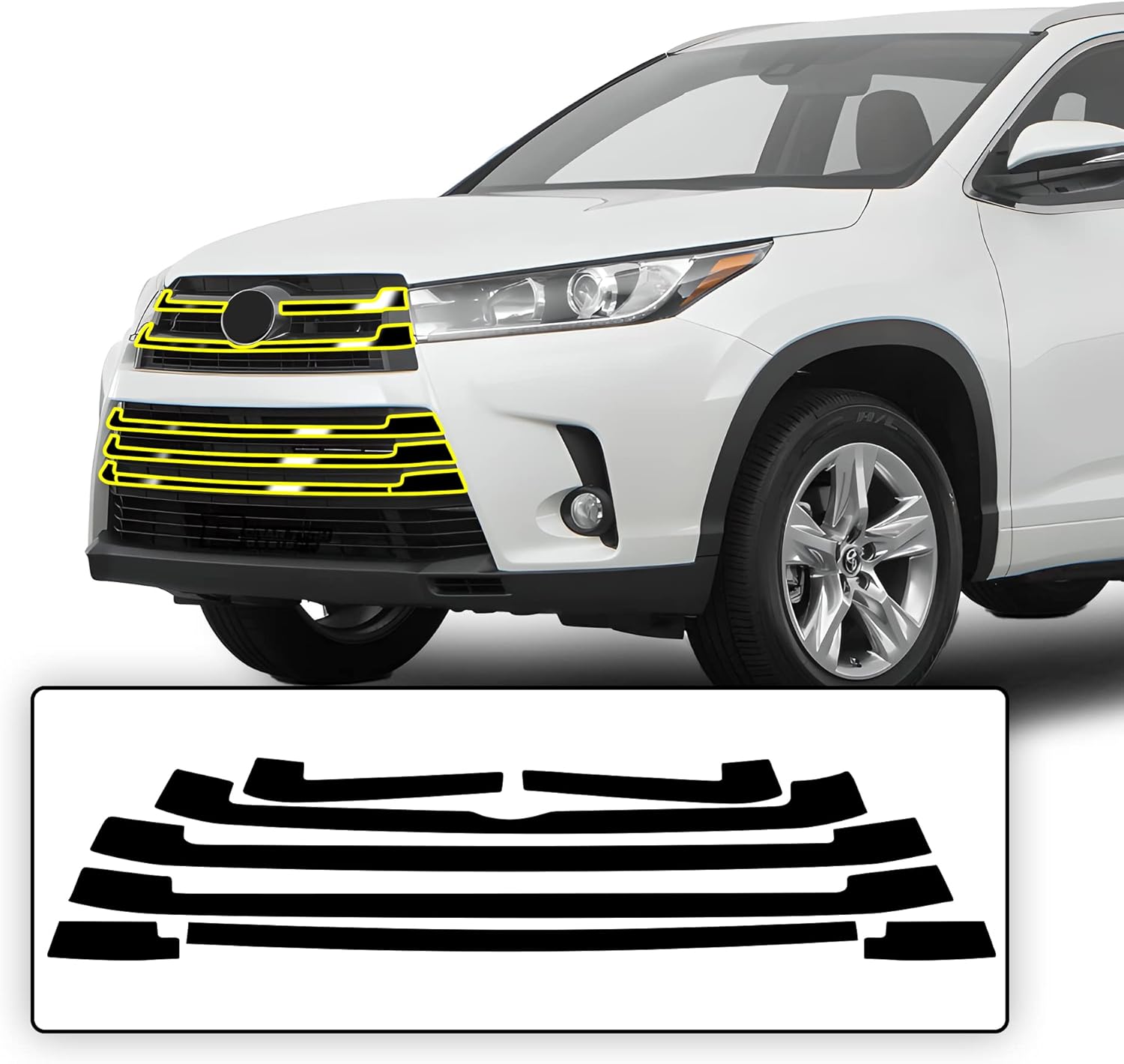 BOGAR TECH DESIGNS for Toyota Highlander 2016-2019 Front Chrome Delete – Precut Vinyl Overlay Kit, Gloss Black Blackout Trim