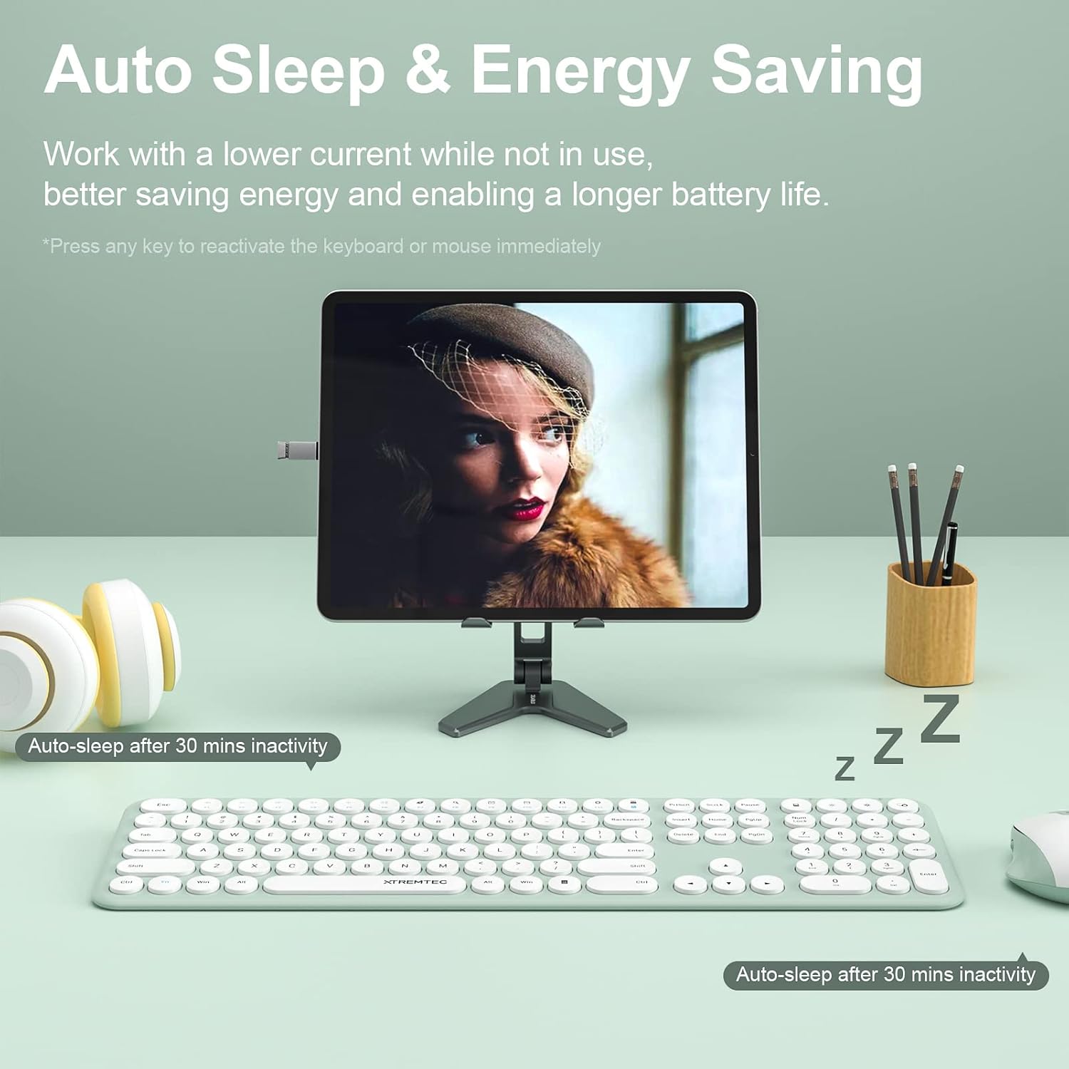 XTREMTEC Wireless Keyboard and Mouse, Cute Retro Round Keycap - 2.4GHz Ultra-Slim Quiet Aesthetic Keyboard for Mac Computer Laptop PC Desktops (Macaron Green) - Image 7