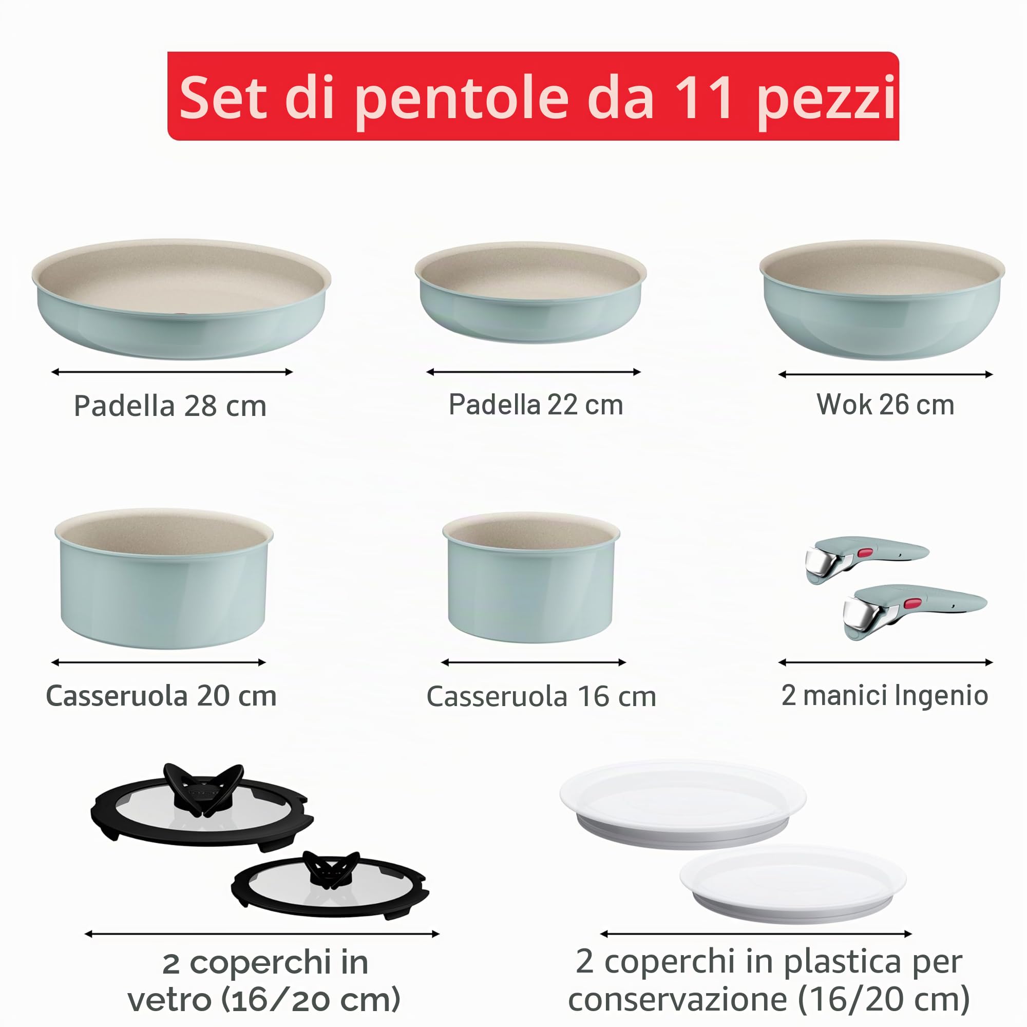 Tefal Ingenio Serenity L828SB04 - Set di 11 pentole con rivestimento antiaderente Mineralia, salvaspazio, impilabili, per tutti i piani cottura, lavabili in lavastoviglie, eucalipto