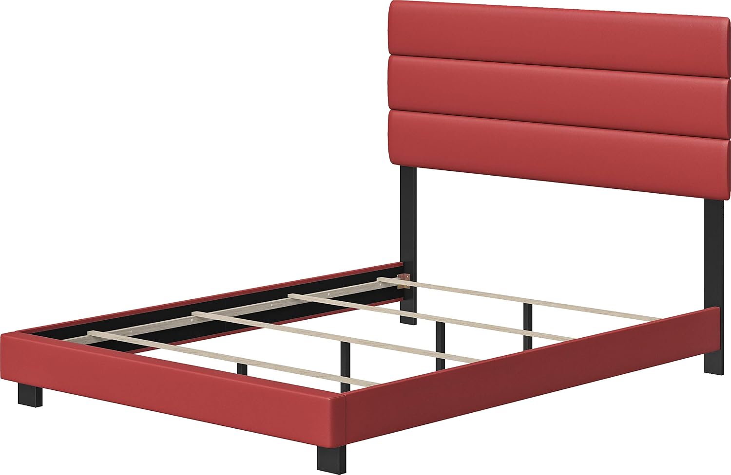 Boyd Sleep Montana Upholstered Platform Bed Frame Mattress Foundation with Tri-Panel Headboard and Strong Wood Slat Supports: Faux Leather, Red, Full