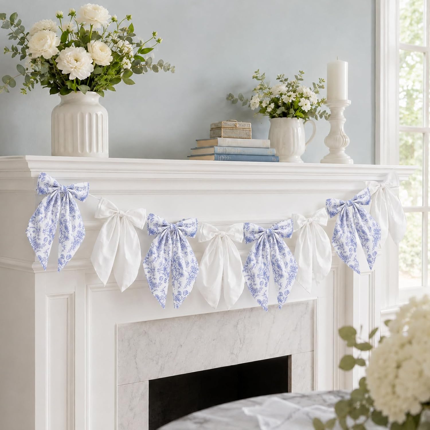 6.6 Ft Blue White Vintage Floral Bow Garland, 8Pcs Large Cotton Bows | Pre-String Coquette Fabric Bow Banner for Bridal Shower Birthday Bachelorette Party Outdoor Engagement Decoration Supplies
