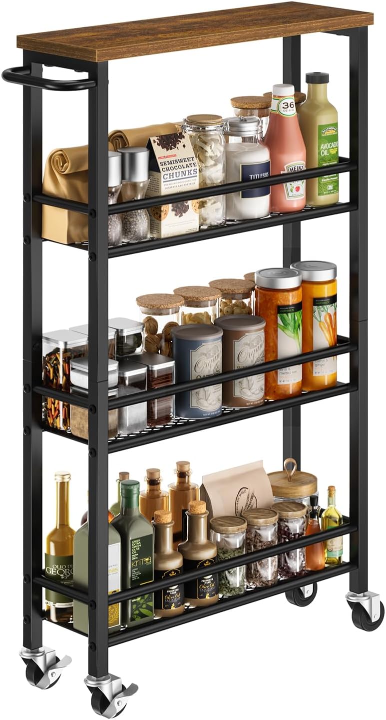 Pipishell Slim Storage Cart with Wheels - 4 Tier Rolling Kitchen Storage Cart with Handle and Wood Top, Metal Slim Bathroom Cart for Laundry Room, Bathroom, Kitchen, Narrow Space, Black & Rustic Brown