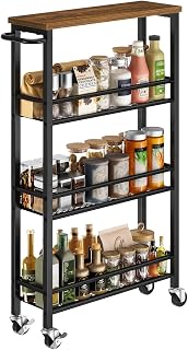 Pipishell Slim Storage Cart with Wheels - 4 Tier Rolling Kitchen Storage Cart with Handle and Wood Top, Metal Slim Bathroom Cart for Laundry Room, Bathroom, Kitchen, Narrow Space, Black & Rustic Brown