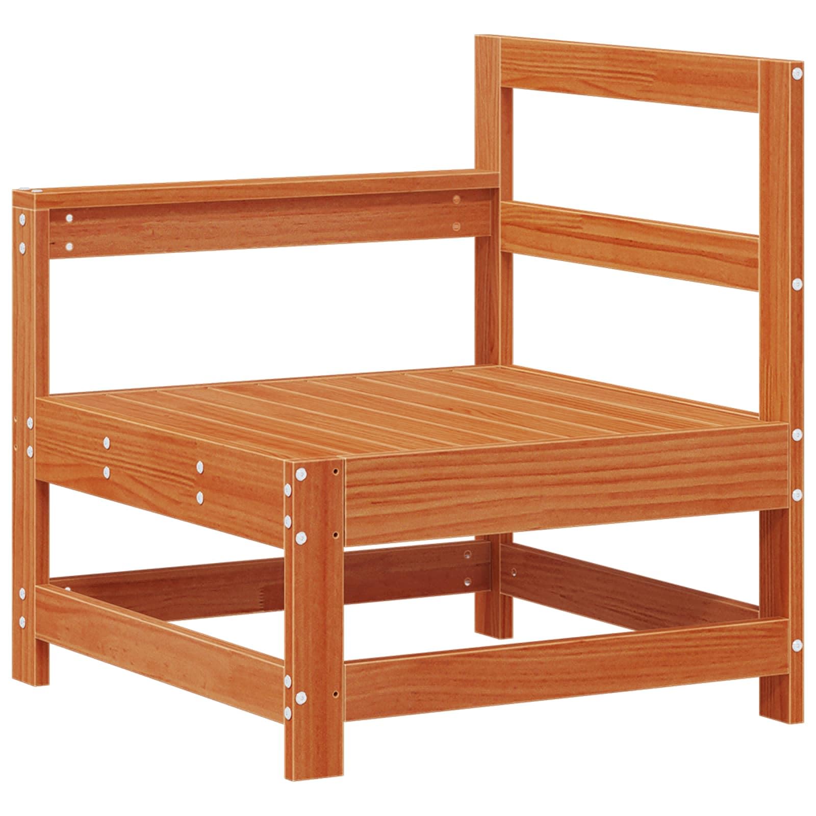 Juego de sofá modular para exteriores de madera maciza de pino marrón cera, con cojines de espuma para mayor comodidad, flexible y adaptable para asientos modernos al aire libre.