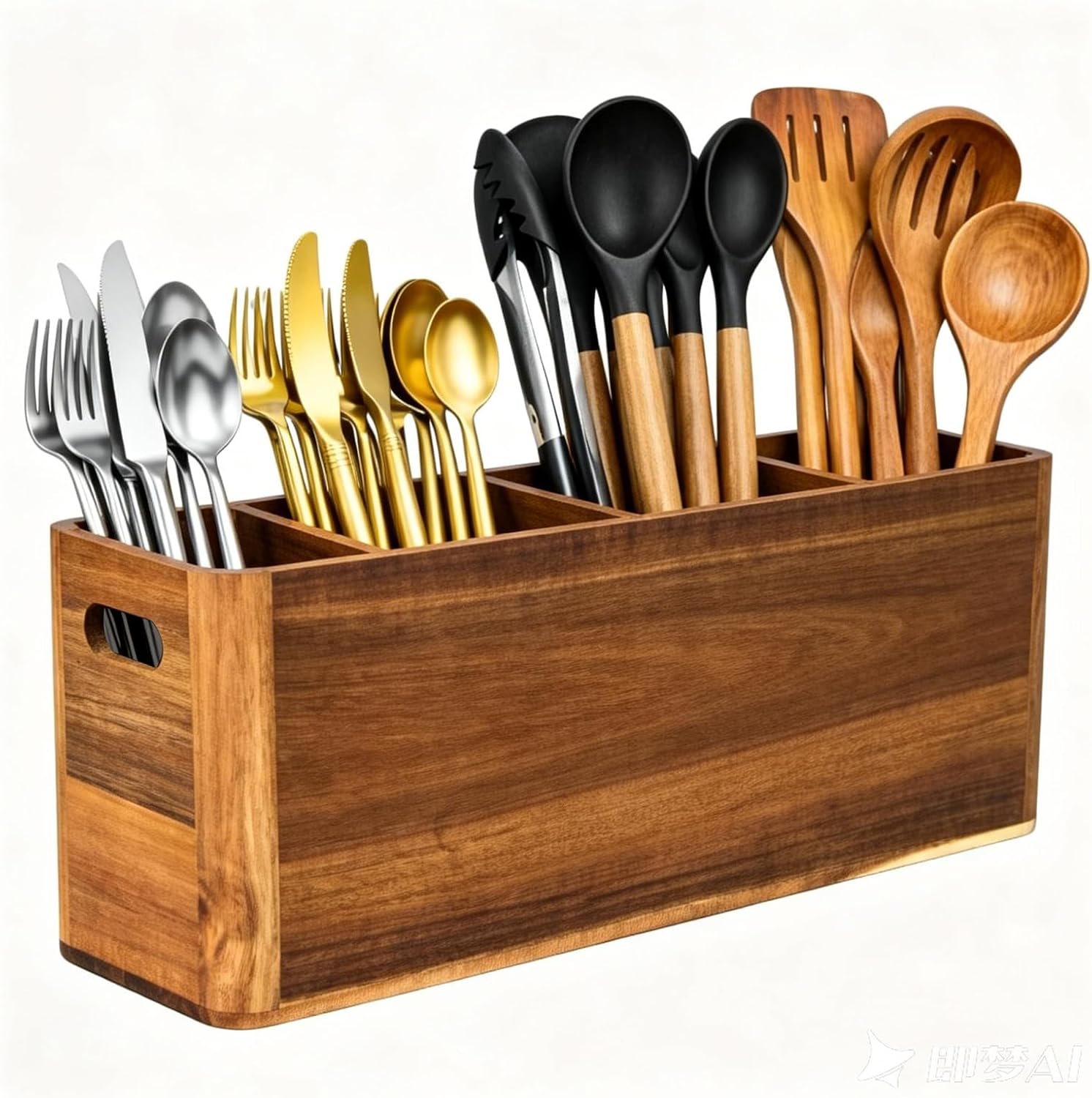 Utensil Holder, Kitchen Utensil Holder, Acacia Wooden Utensil Holder, Kitchen Utensil Holder for Countertop, Extra Large Utensil Holder for Storage Cooking Tools and Silverware with 4 Compartments