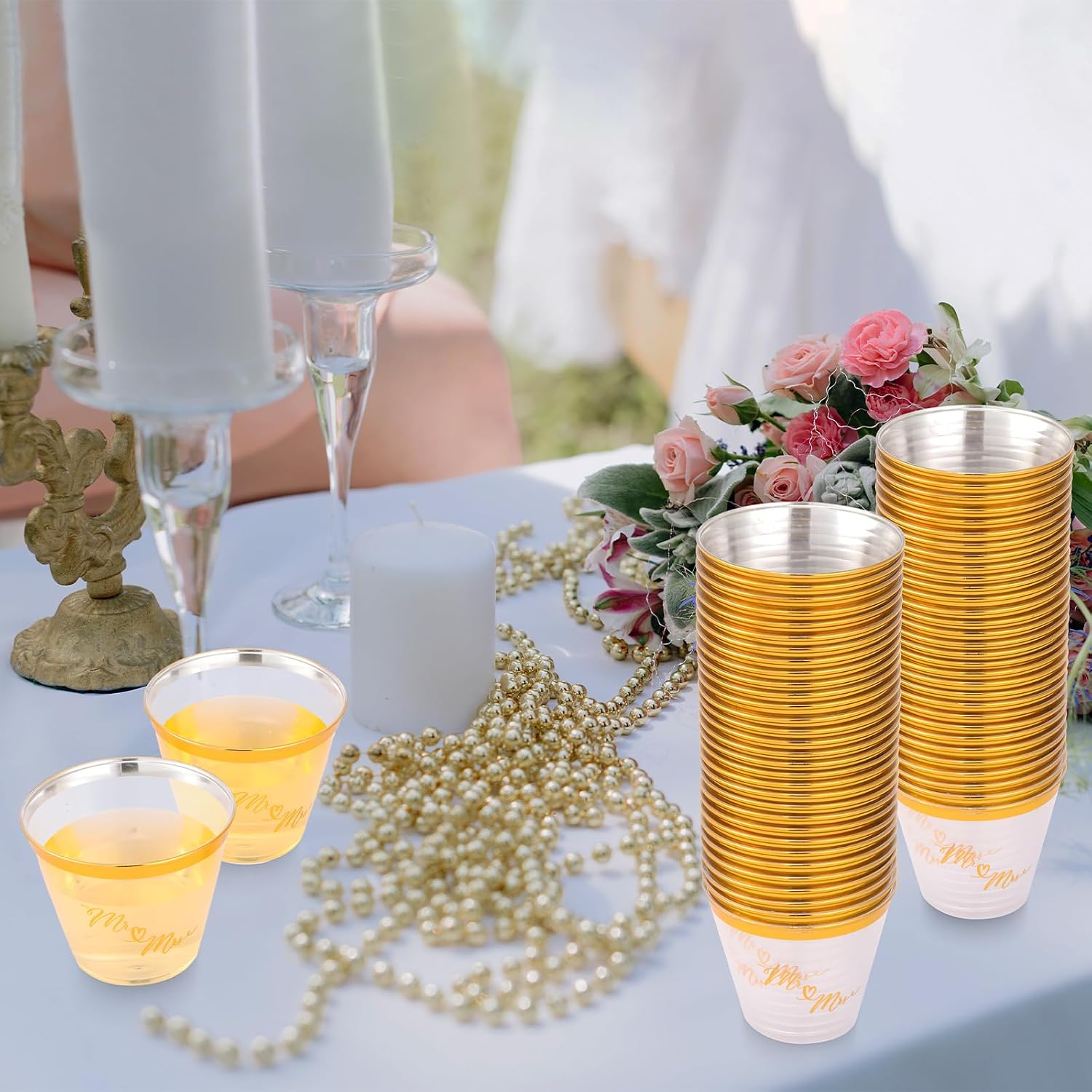 Funnymoom 100 Pack 9 oz Wedding Cups Mr and Mrs Gold Trim, Clear Plastic