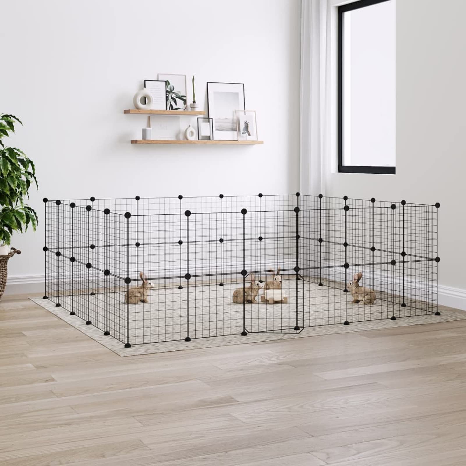 Gecheer Rabbit Run,Puppy Pen Wire Mesh Cages DIY Puppy Cages 44-Panel Pet Cage with Door Black 35x35 cm Steel for Puppy,Rabbit,Kitten,Hamster,Guinea Pig,Turtle,Hedgehog 4.3 cm Grid height