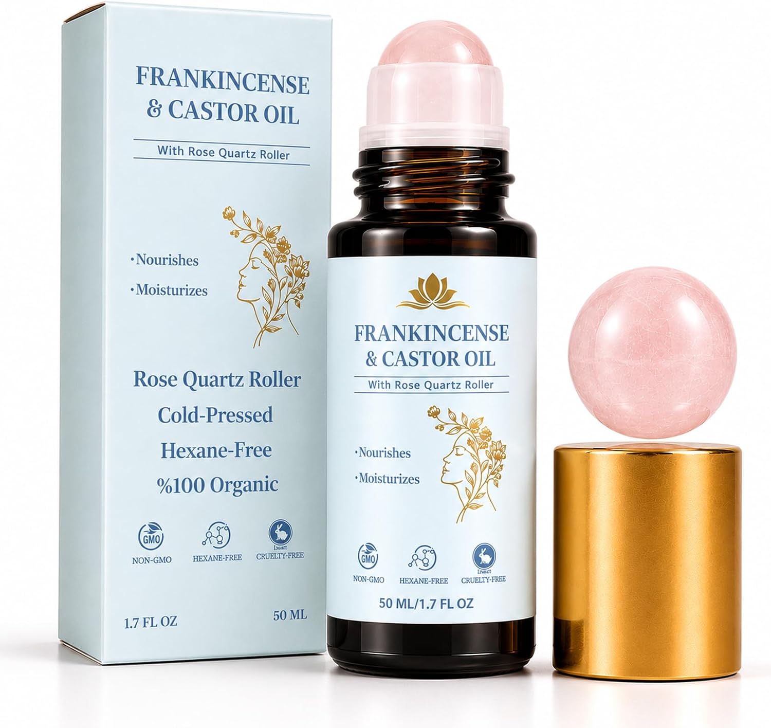 Frankincense and Castor Oil with Rose Quartz Roller,Organic Cold Pressed Castor Oil and Frankincense Roll On,Suitable for Face,Neck and Abdomen,1.7 fl oz (50ml)