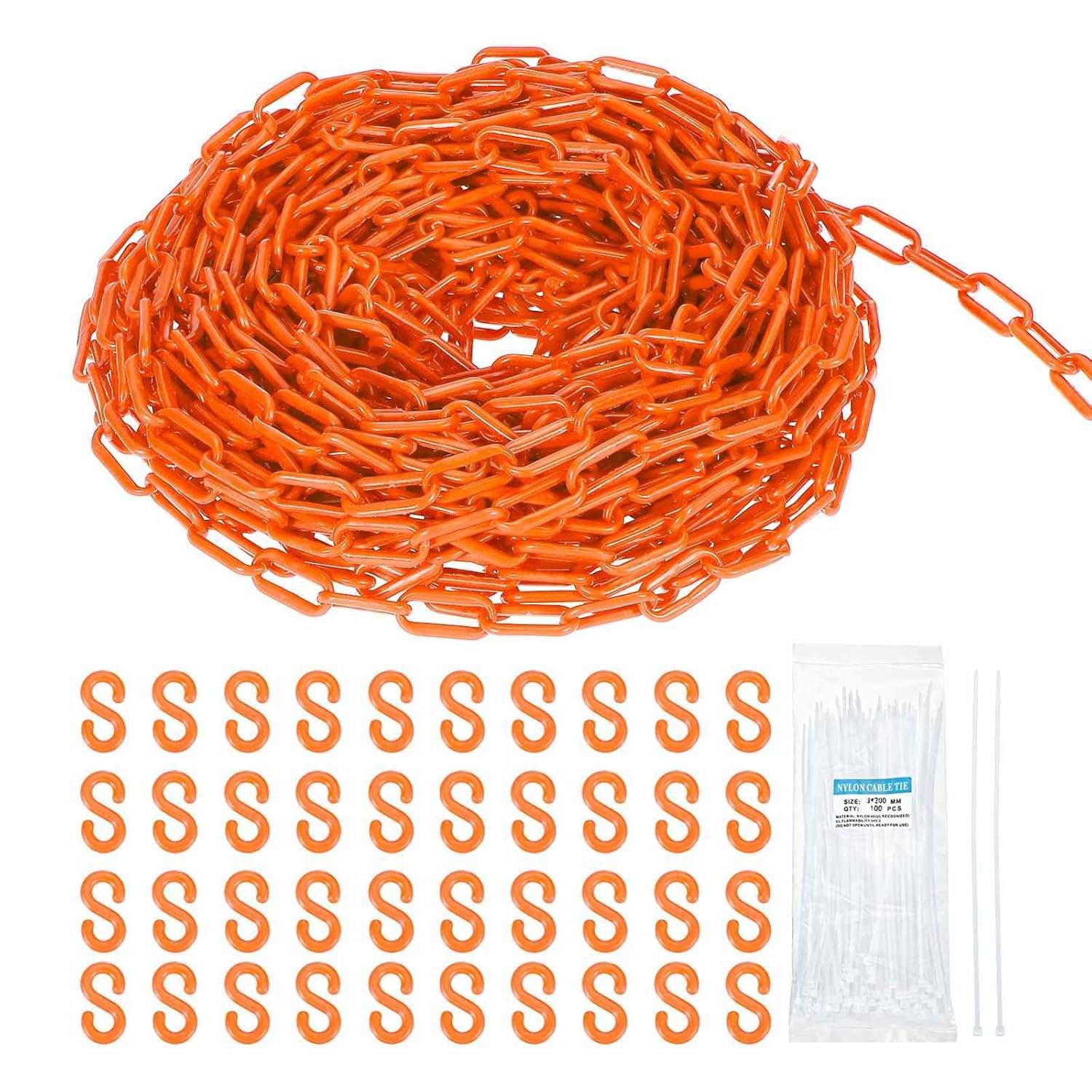MECCANIXITY Plastic Chain 200 FT/61 M, Safety Chain Orange Plastic Chain Link Barrier with Zip Ties and S-Hooks for Crowd Control Queue Line Fence Decoration