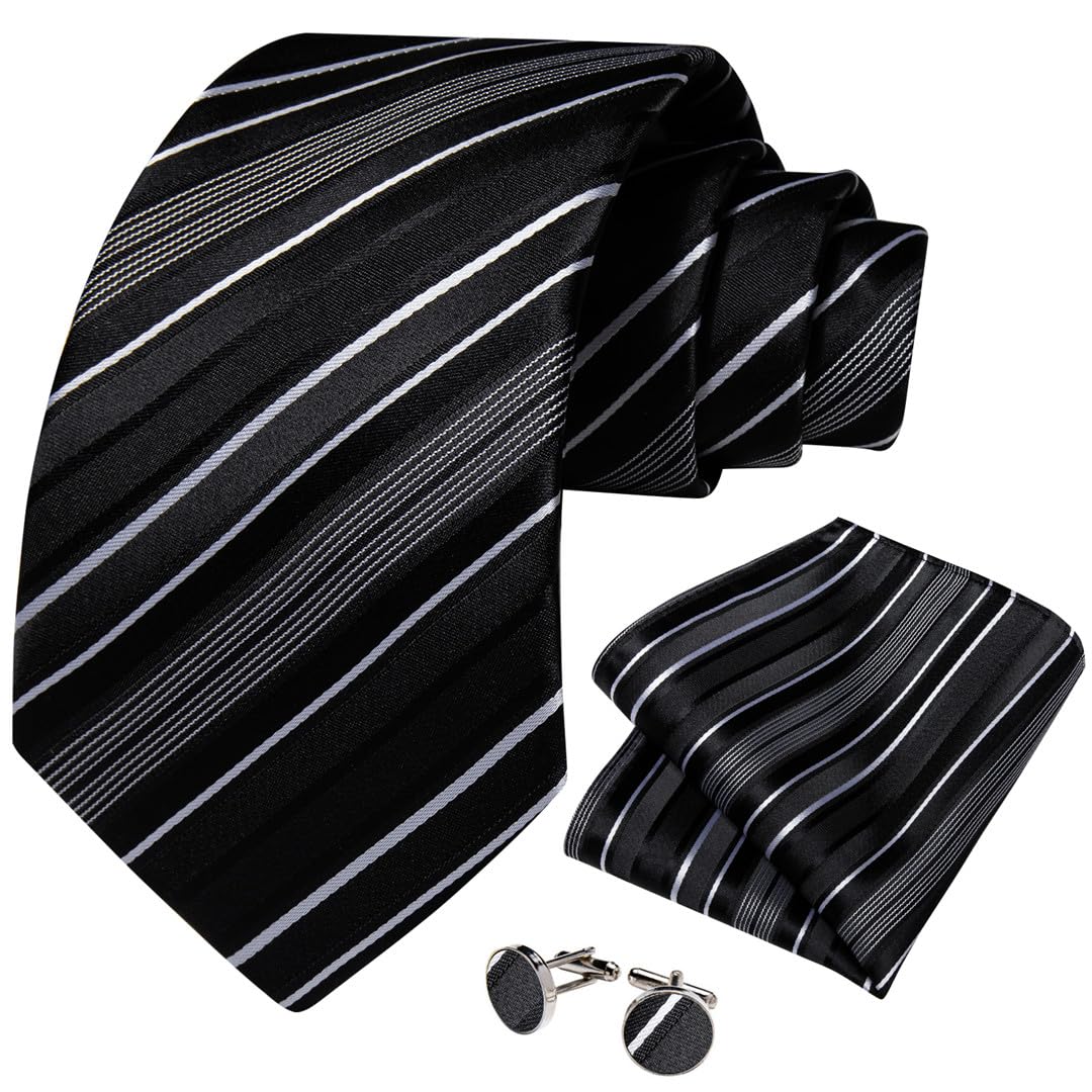 Wvapzxx Herren-Krawatten-Set, Seide, Polyester, Business-Party-Zubehör, Krawatte, Einstecktuch, Manschettenknöpfe, Schwarz / Weiß