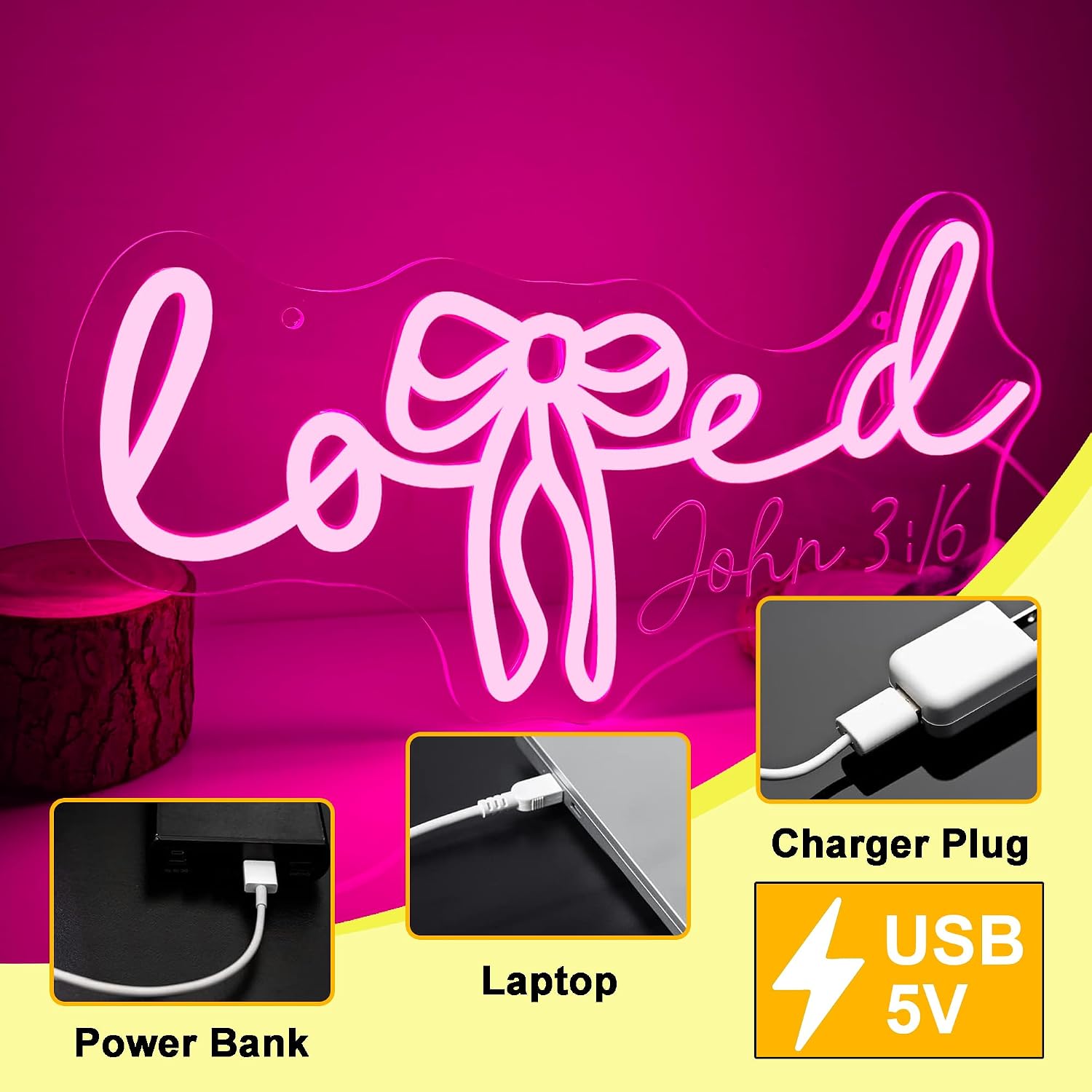 Pink Bow John 3:16 Neon Sign, Bible Verse Neon Light LED Christian Sign Dimmable USB Powered, for Children Room Bedroom Living Room Spiritual Home Decor Scripture Theme Wall Decor(15.7 * 7.8 In)