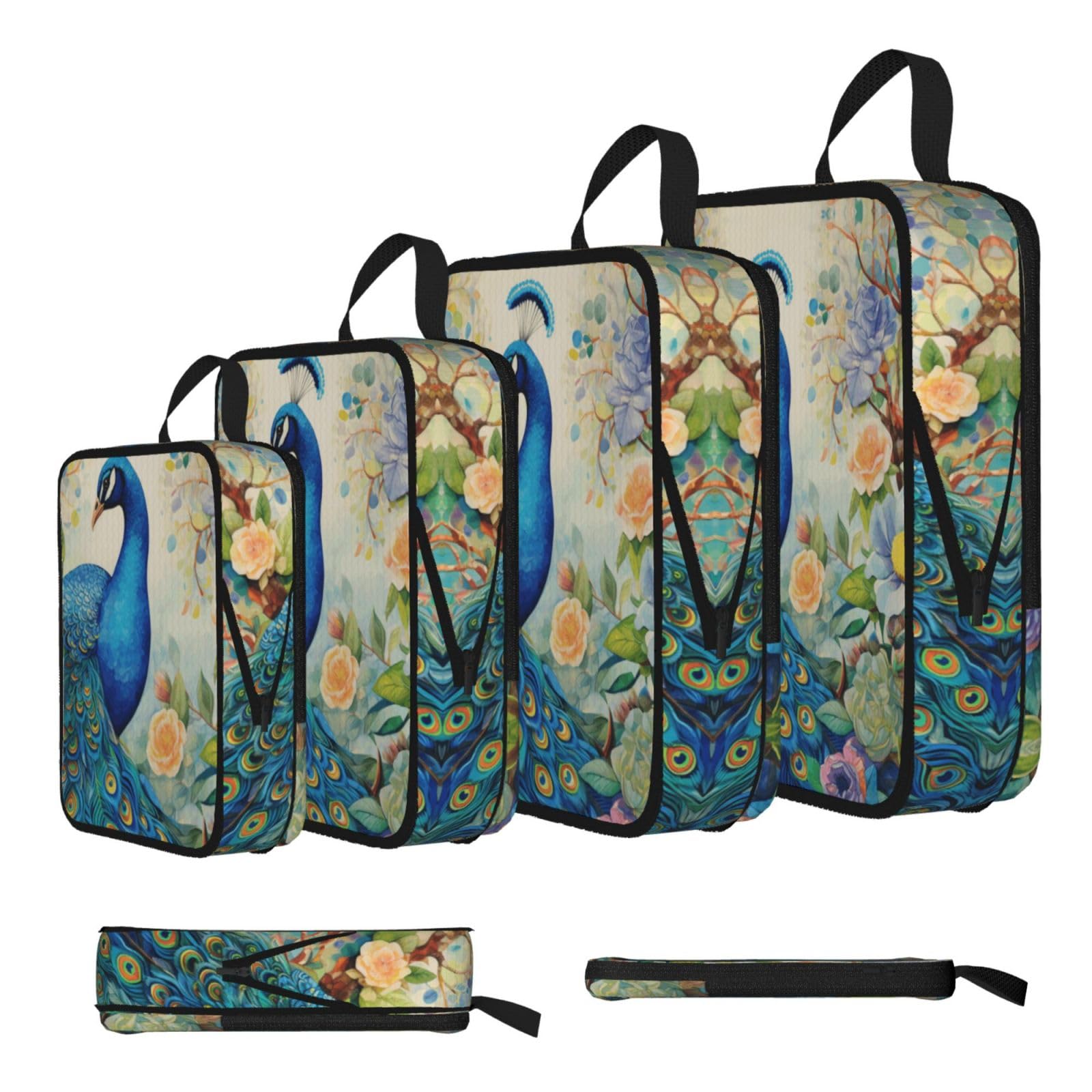 Sxzvvbn Black Blue Peacock In The Enchanted Forest Compression Packing Cubes 4 Piece Set