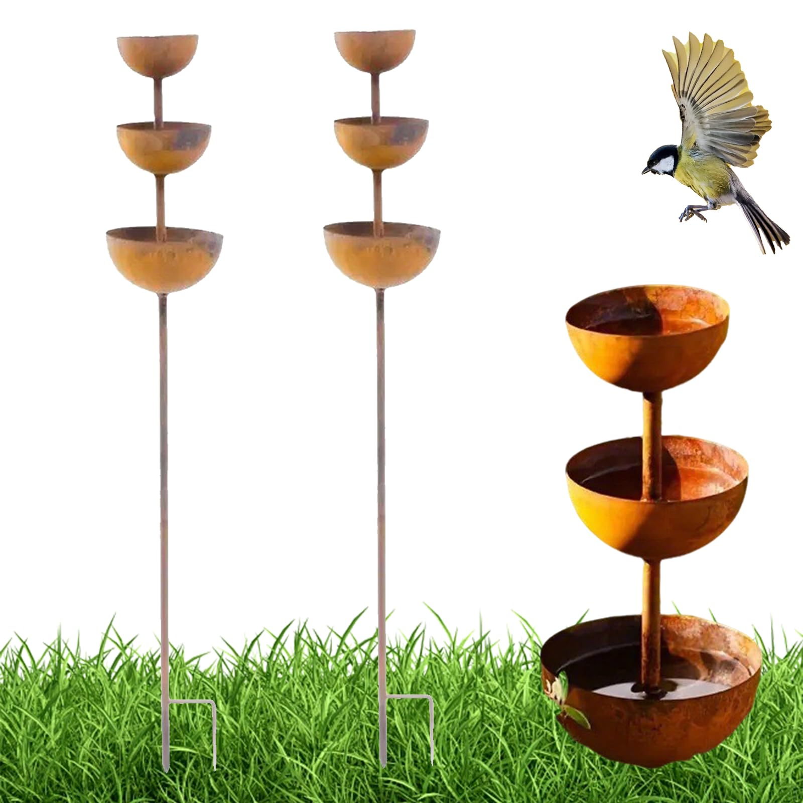 Kryilut Metal Rain Catchers For Garden, Rust Patina Metal Rain Catcher Garden Stake With Water Bowl, Outdoor Rainwater Collection For Bird Attraction & Climbing Plant Support (2pcs)