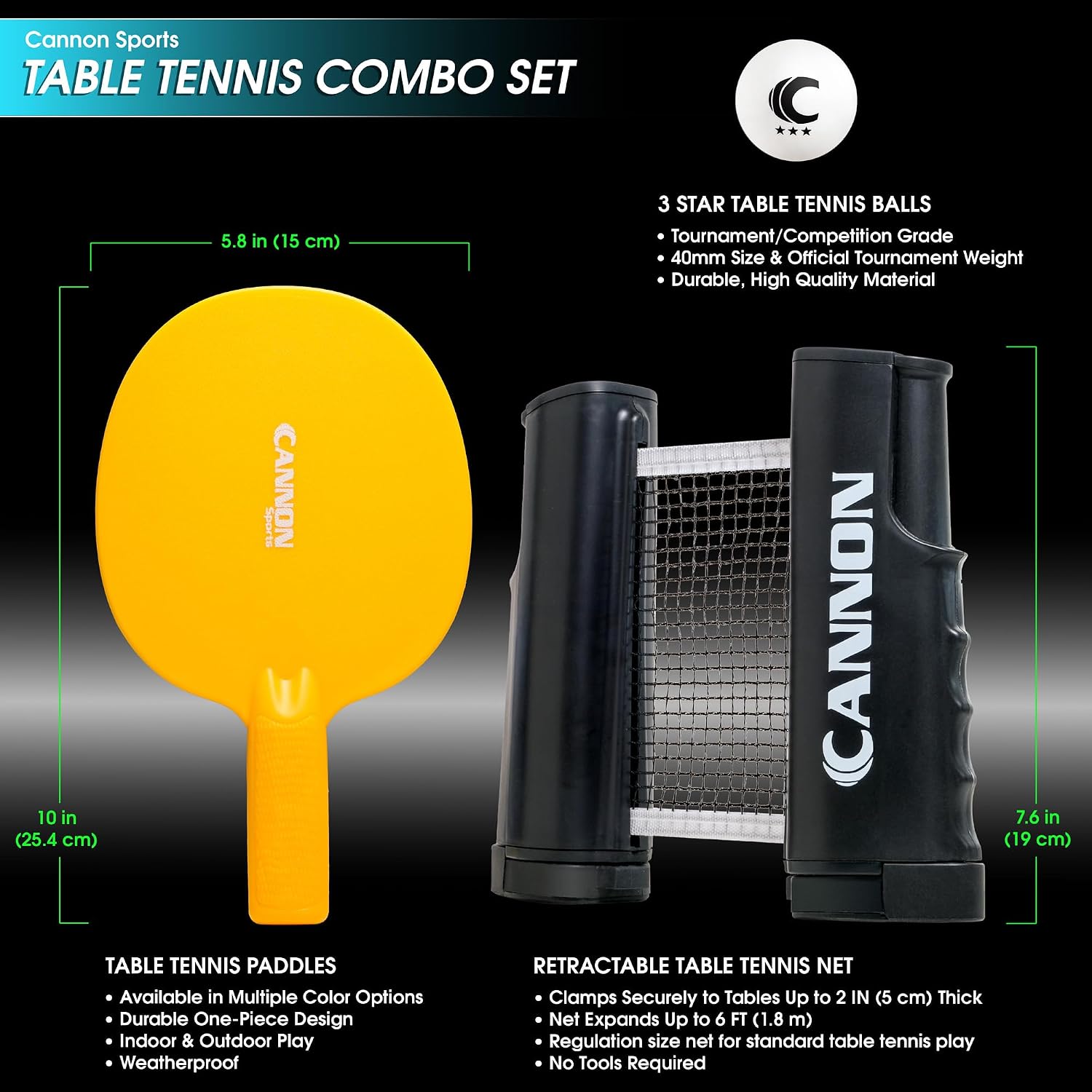 Cannon Sports Table Tennis Set – 2 Unbreakable Paddles, 6 3-Star Balls, Retractable Net & Carry Bag – Clamp-On Portable Ping Pong Net Fits Tables up to 2 Inch Thick, Extends to 6 Feet