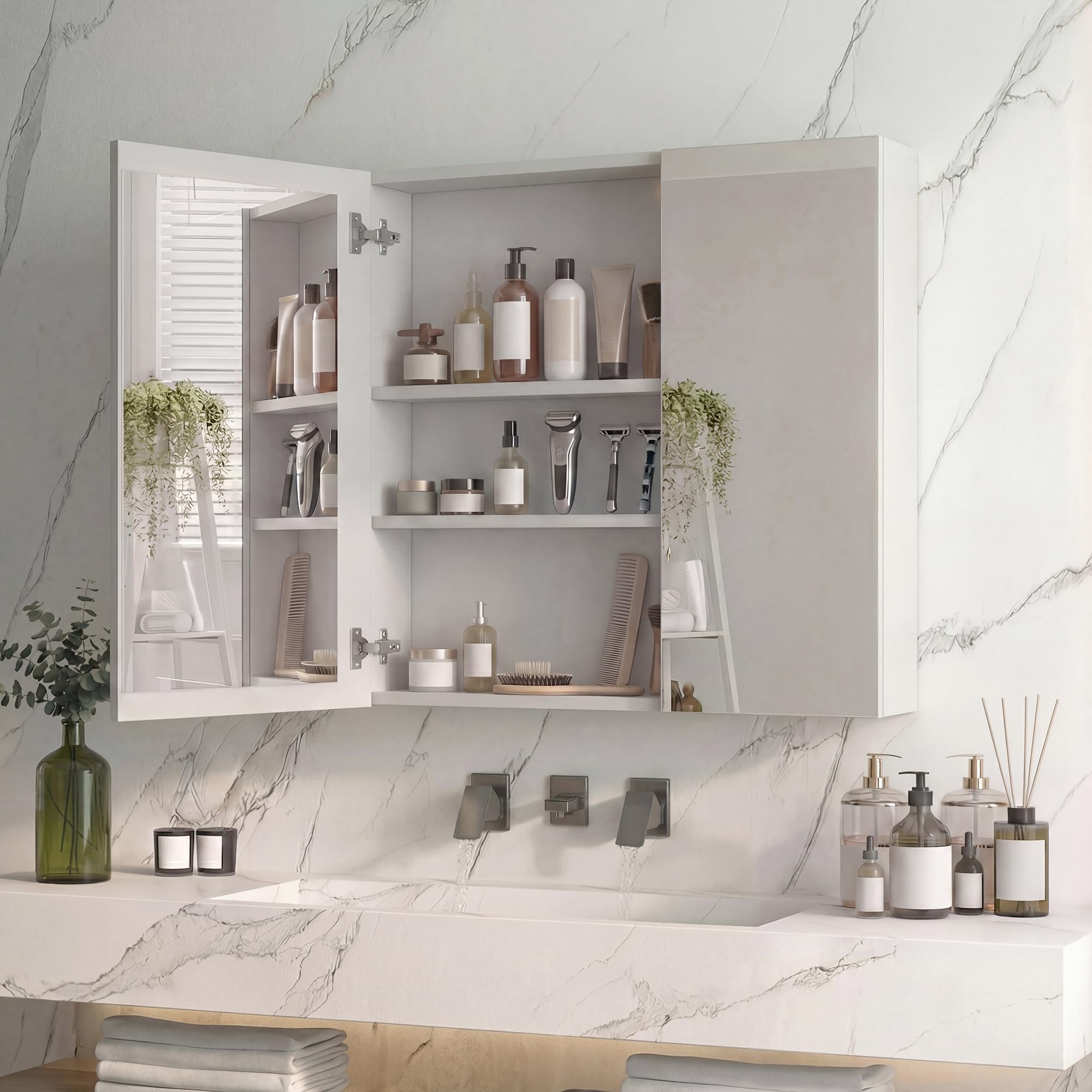 Armario de baño con espejo y luz LED, espejo de baño con almacenamiento, función antiniebla, 3 temperaturas, con estante ajustable, estilo moderno (70 x 13,5 x 60)
