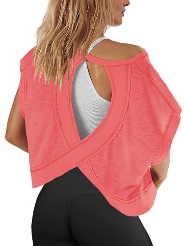Panadila Womens Open Back Workout Tops Oversized Tshirts | Short Sleeve Tee, Backless Shirt, Athletic Layer, Crop, Gym Clothes, Pilate Dance Wear, Yoga