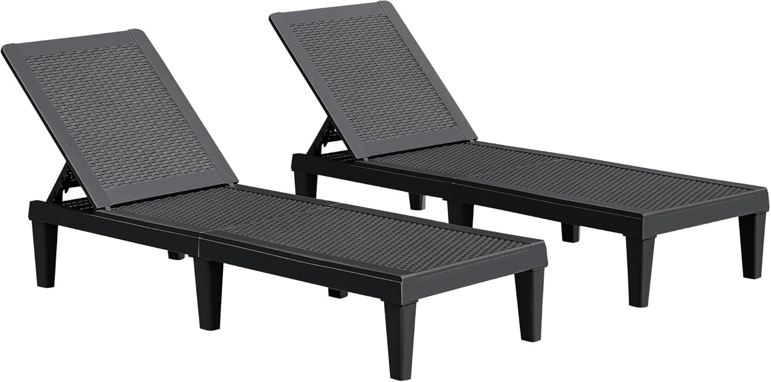 JUMMICO Patio Chaise Lounge Chair Set of 2 Outdoor PE Waterproof Adjustable Easy Assembly Lounge Chairs for Outside Pool Garden Deck Beach (Black, Set of 2)