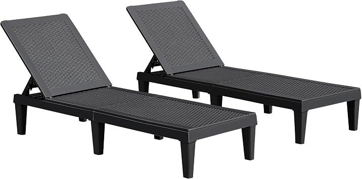 JUMMICO Patio Chaise Lounge Chair Set of 2 Outdoor PE Waterproof Adjustable Easy Assembly Lounge Chairs for Outside Pool Garden Deck Beach Black, Set of 2