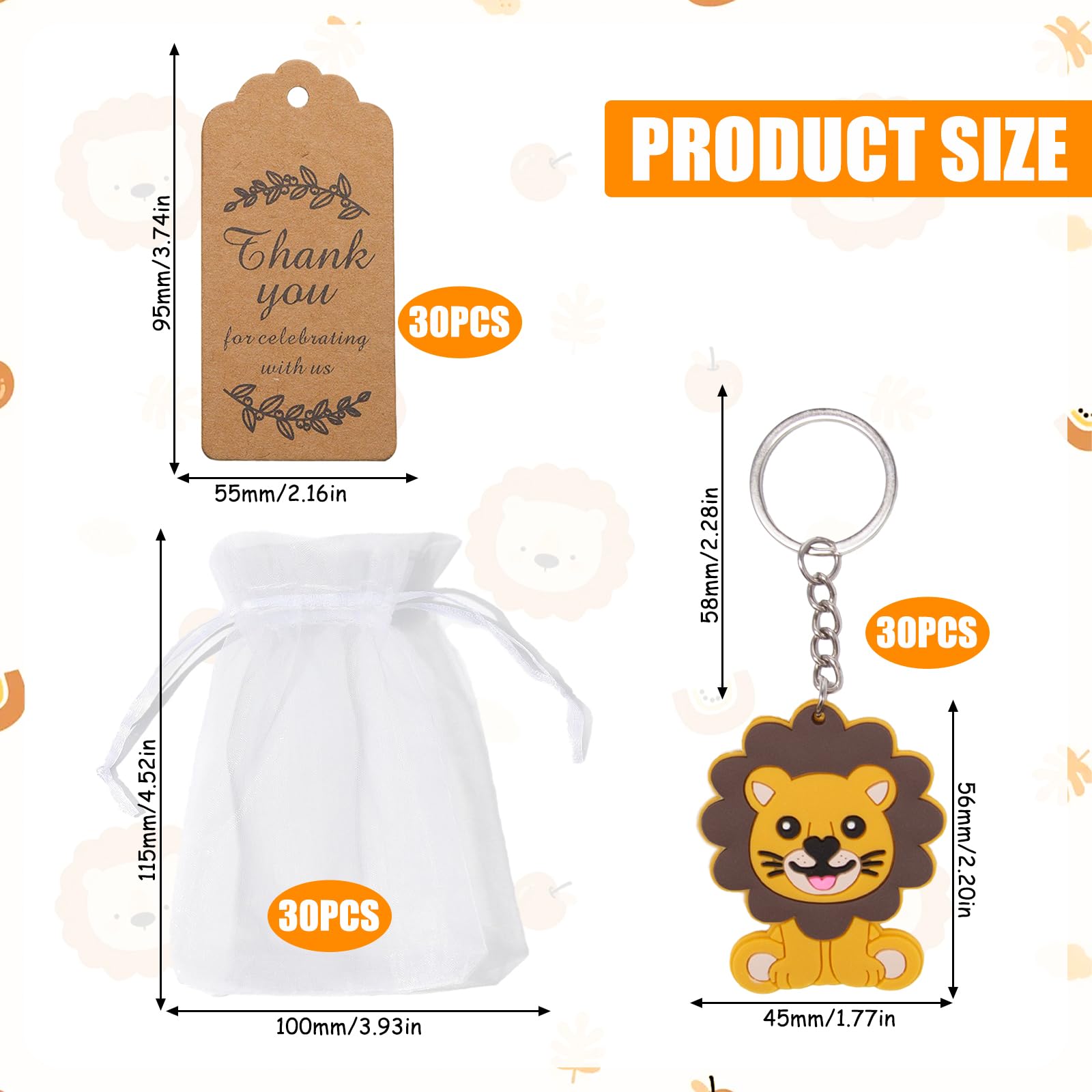 30 Pezzi Portachiavi Baby Shower Portachiavi Leone con Sacchetti Regalo in Organza,Carta Kraft Etichette Portachiavis Babys Shower Regalo Gli Ospiti per Baby Shower,Matrimonio Souvenir
