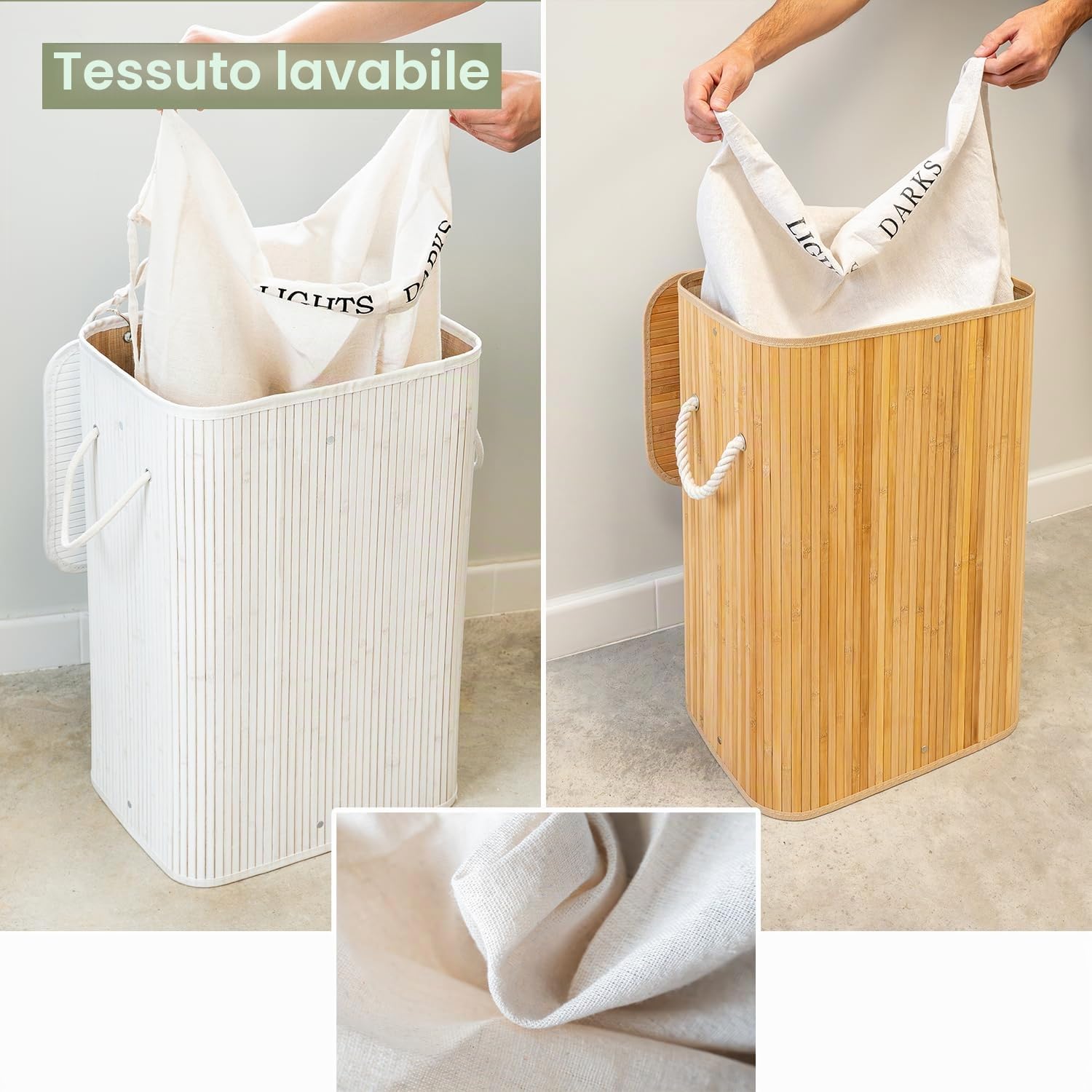 edihome, Cesto Portabiancheria 2 Scomparti, Cesta Panni Sporchi, Sporca, 72 litri, Cestino con coperchio, secchio, Laundry Basket, pieghevole, borsa lavabile estraibile, manici, in bambù (naturale)