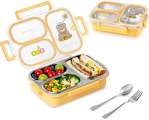 Miniatura 8 de Lonchera Bento de acero inoxidable para niños, 26.4 onzas, a prueba de fugas, 3 compartimentos, caja Bento de metal, sin BPA, lindo recipiente de