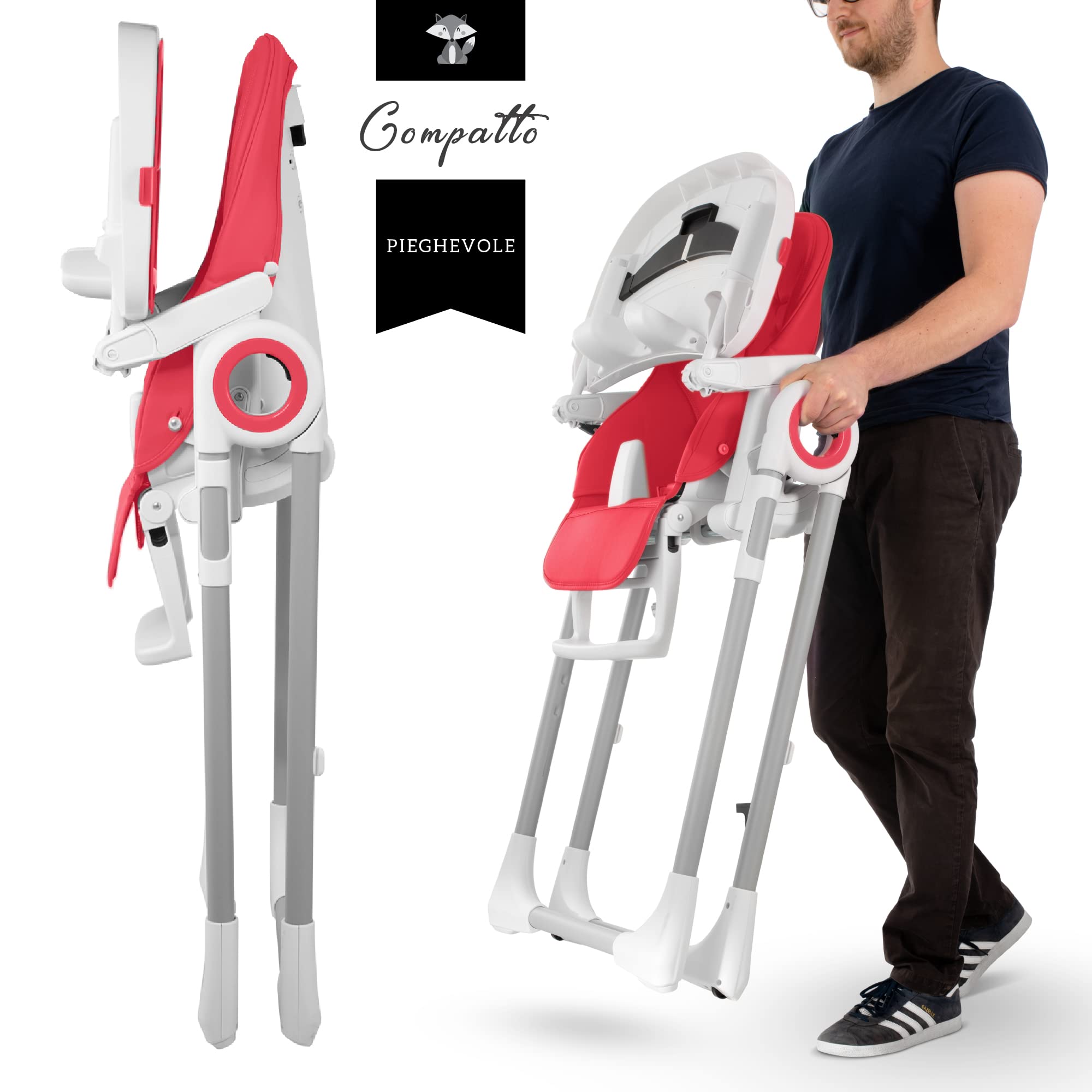 Seggiolone Pappa Regolabile e Pieghevole - 7 Livelli Diverse, Schienale Bambino Pieghevole 5 Posizioni, Ripiano Smontabile, Vassoio a Clip (Facile da Pulire) - Rosso Lampone