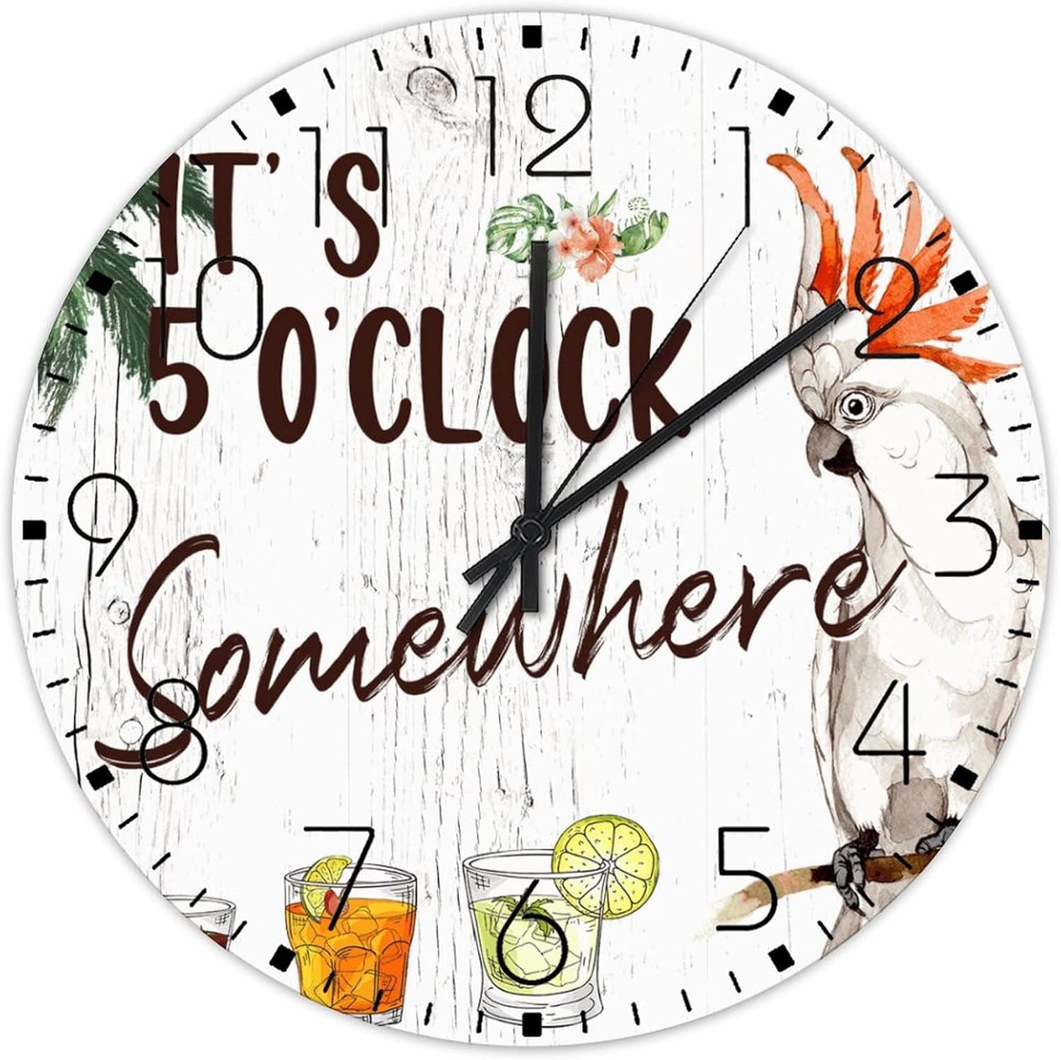 15 Inch Silent Non-Ticking Wall Clocks Battery Operated It's Five O'clock Somewhere Wooden Wall Decor for Patio Beach Vacation Drinking Parrot Modern Round Wooden Wall Clock Vintage for Gym New Home
