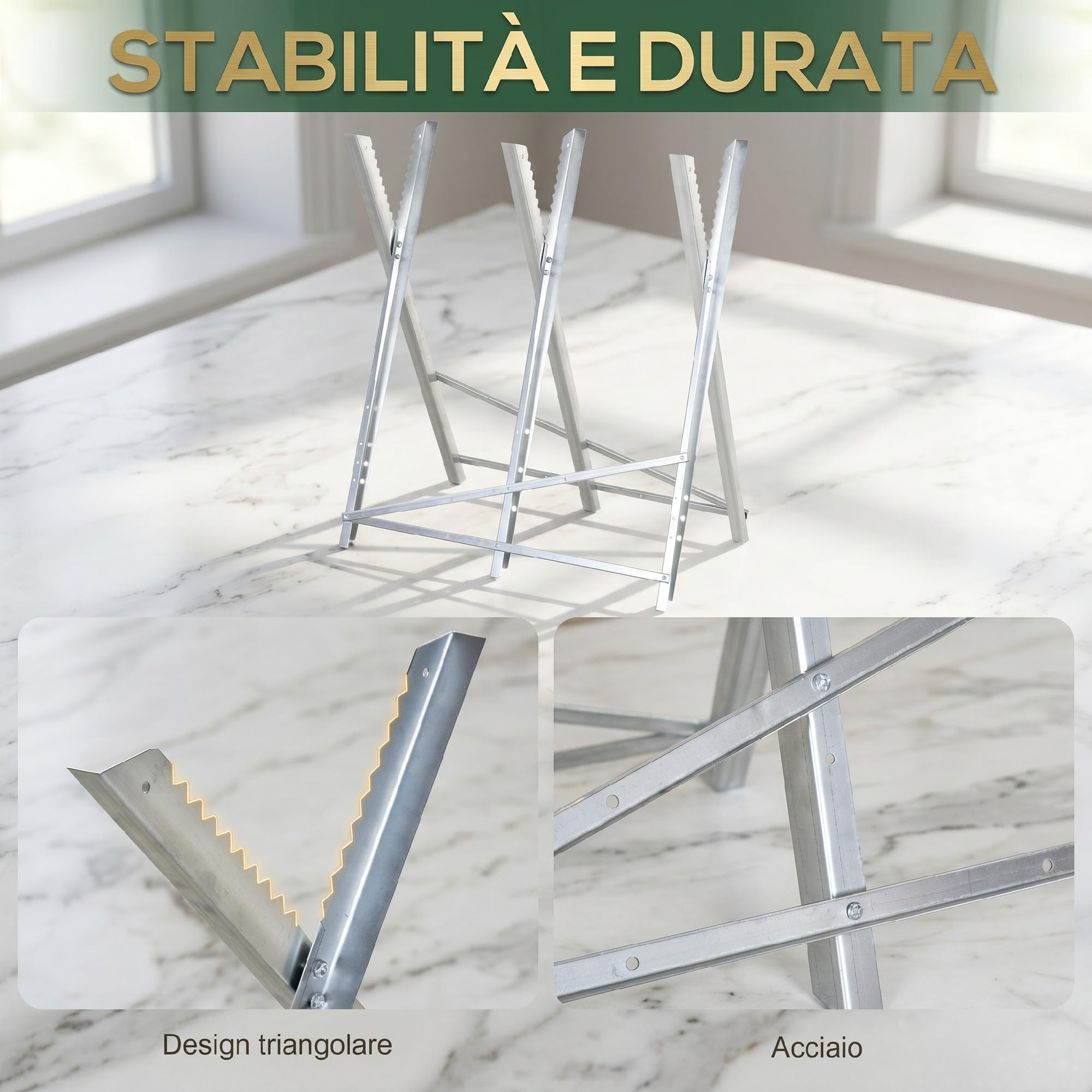DURHAND Cavalletto Taglialegna Pieghevole con Denti 83x83x79 cm Argento | Triangolare, Altezza Regolabile, Denti Seghettati, Cavalletto per Legna in Metallo