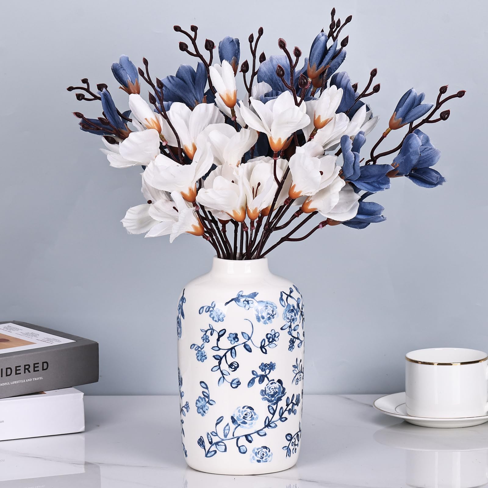 Amazon.co.jp: 青と白の花瓶ヴィンテージセラミック花瓶、シノワズリー