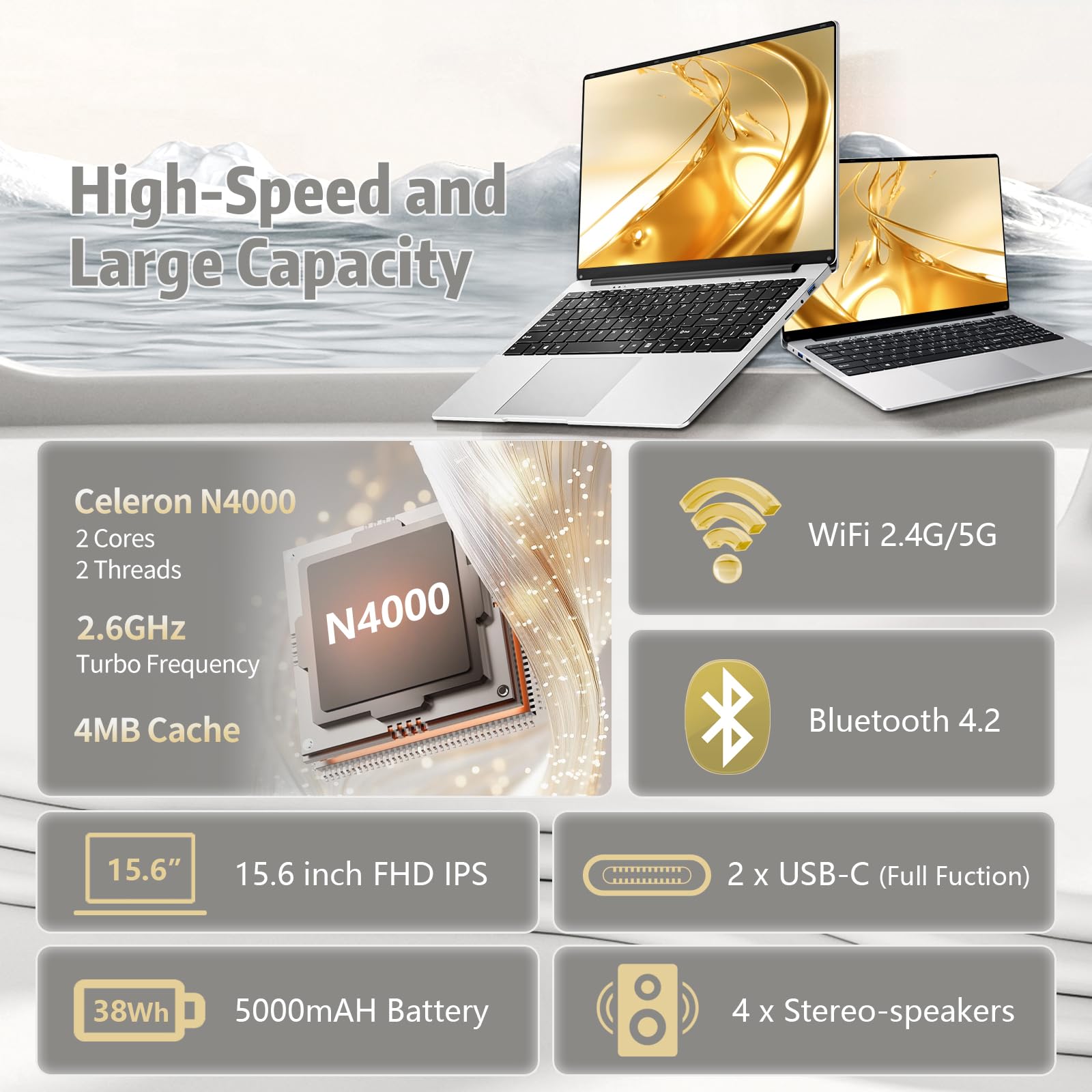 Ordinateur Portable 15,6", Celeron N4000 Portable, PC Portable Ordinateur 1920 * 1080 FHD IPS Laptop 8Go DDR4 RAM 256Go SSD, WiFi5/Mini-HDMI/USB3.0/BT4.2/Webcan, Carte TF Développer to 1To
