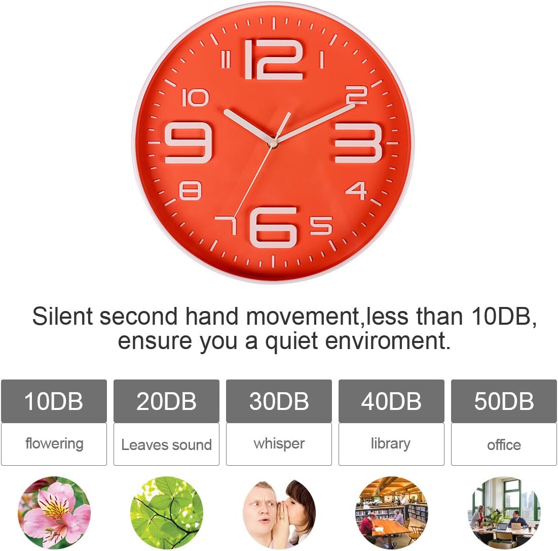 Indoor Big 3D Number Quartz Silent Non Ticking Wall Clock Quiet Sweep Movement Decorative Battery Operated 10 Inch Orange