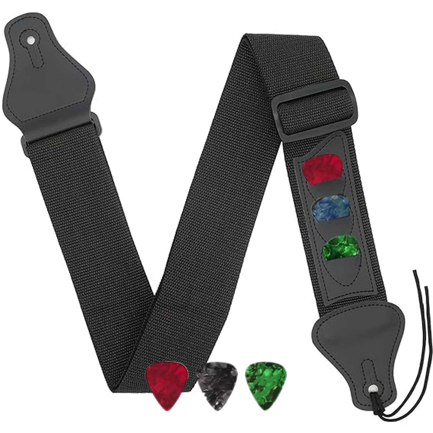 Aestustheri Adjustable woven guitar strap with leather ends and 3 pick storage pockets - includes 3 guitar picks - suitable for bass, electric and acoustic guitars (black)