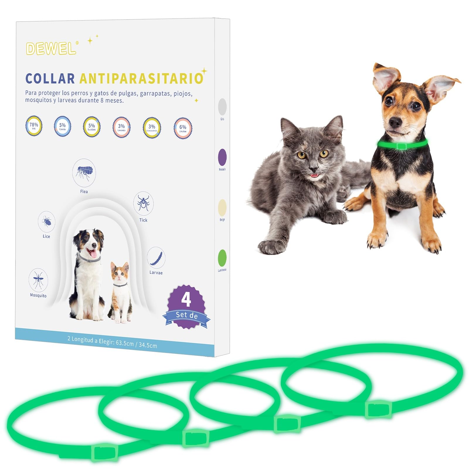 DEWEL Set de 4 Collar Antiparasitario para Perros y Gatos, Collares contra Pulgas y Garrapatas para Mascotas Pequeñas y Medianas, Collares Luminosos en Noche, (Luminoso, S-34.5 cm)