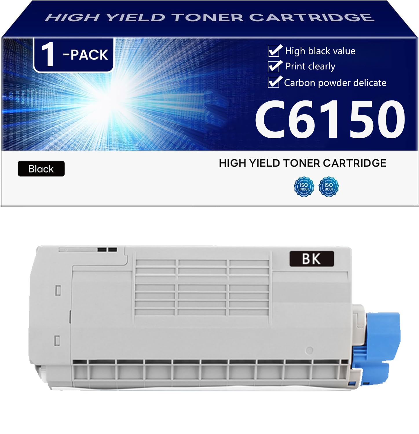 6150 Cartuccia Toner ad alta Capacità di Ricambio per OKI C6150dn C6150dtn C6150hdn C6150n MC560DN MC560N MC560nMFPPlus Stampanti, Stampa ad alta Definizione, 8000 Pagine,Black-1 pack