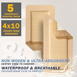EVERLIT Care Silicone Foam Dressing with Adhesive Border | Highly Absorbent Hypoallergenic Bandages for Chronic Wounds, Bed Sores, Pressure Ulcers | Gentle & Secure Adhesion (4 x 10 | 5 Pack)