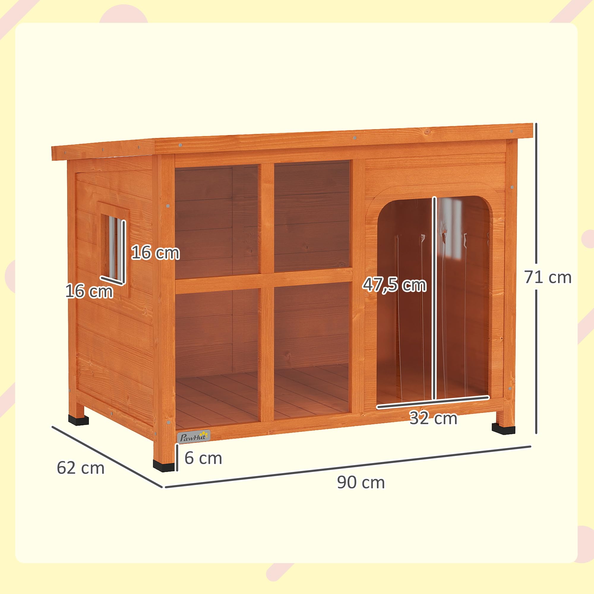 PawHut Caseta para Perros Exterior Casa para Perros Pequeños y Medianos con Techo Asfáltico Abatible Puerta con Cortina Panel Frontal Transparente y Base Extraíble 90x62x71 cm Natural