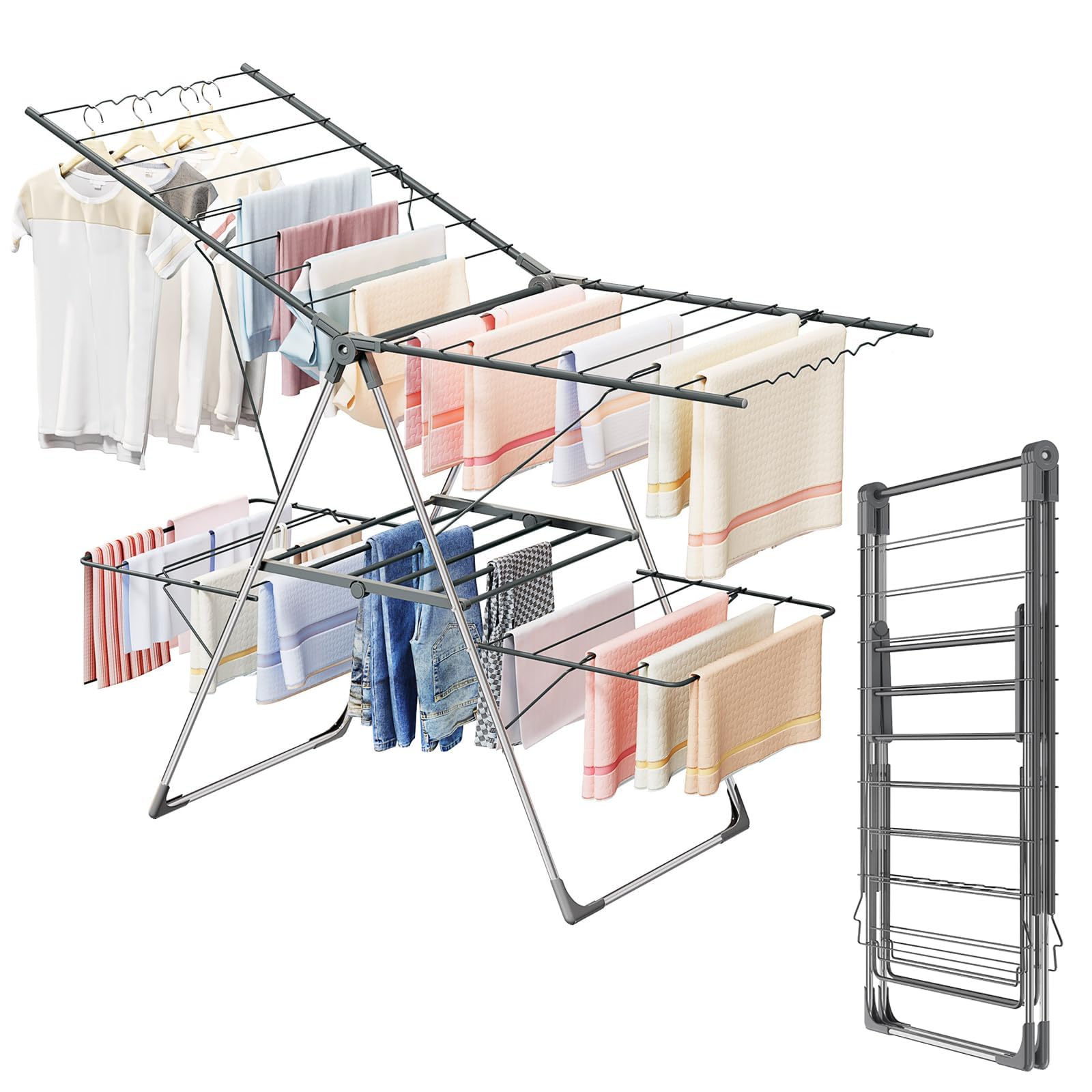 Innotic Étendoir Linge Intérieur Extérieur, Séchoir à Linge Pliable à 2 Niveaux, 4 Ailes Réglables en Hauteur, 3 Secondes Déplier ou Plier, Acier Inoxydable Tancarville XXL, 33 Rails, Gris