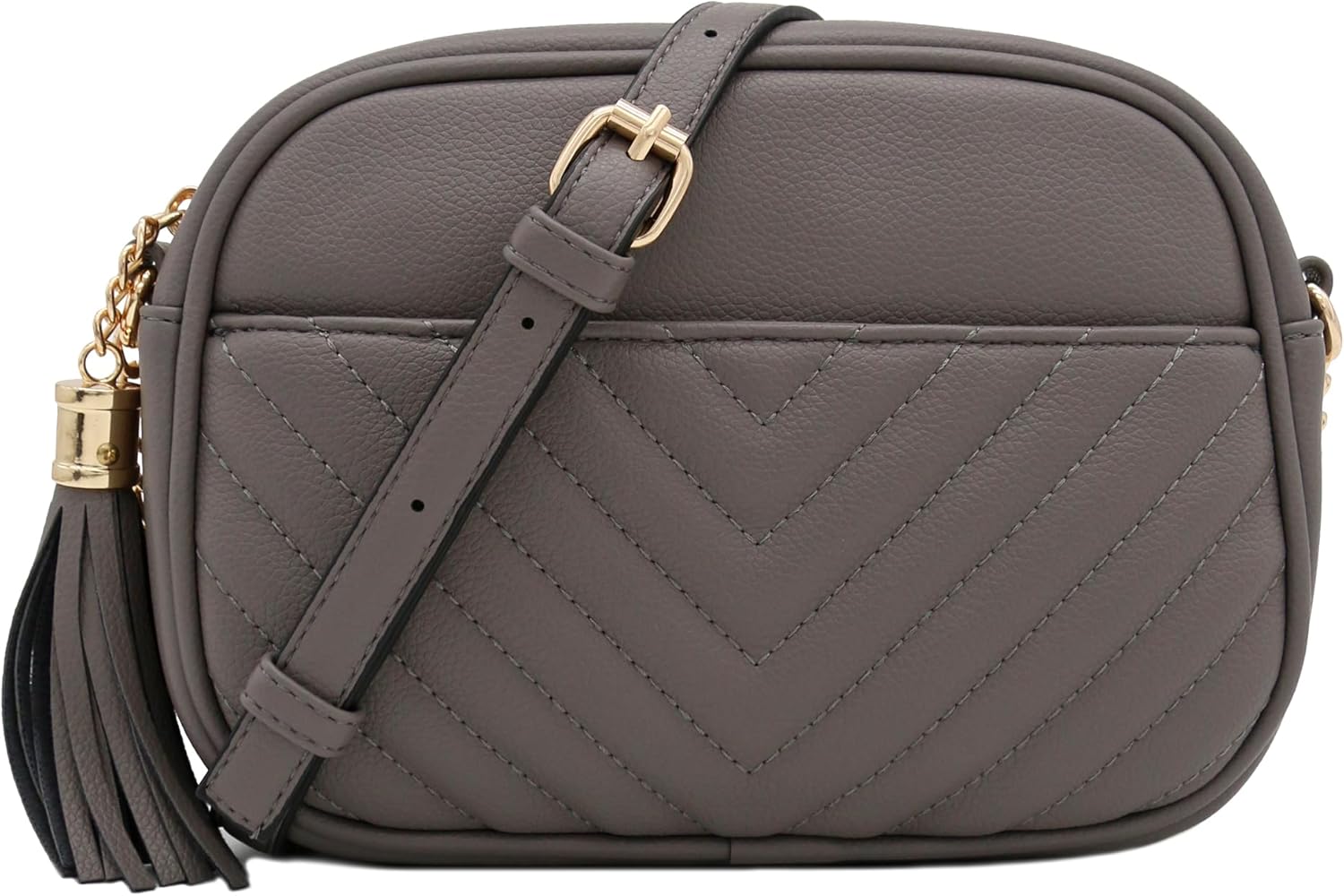 FashionPuzzle Chevron Quilted Crossbody Camera Bag with Chain Strap and Tassel